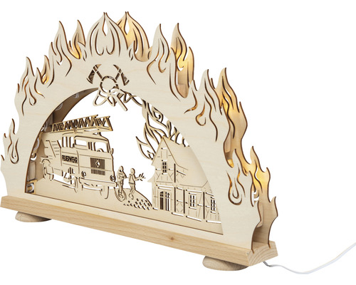 Holzschattenbogen mit Feuerwehrmotiv und Beleuchtung