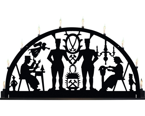 Schwarzer Lichterbogen mit bergmännischen Motiven und elektrischen Kerzen