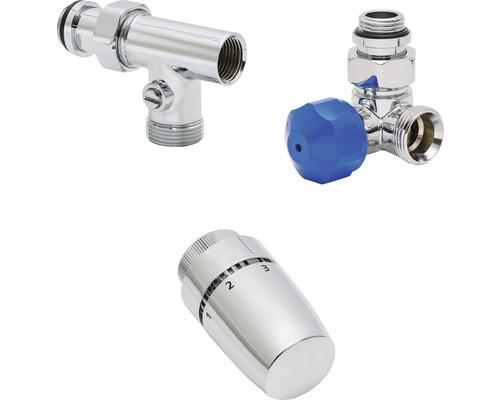 SCHULTE Thermostatventil-Set Mischbetrieb Version links 1/2" chrom 7060002-5 Drei Heizkörperventile und Thermostatköpfe aus Metall