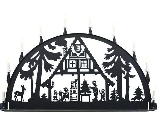 Metallschwibbogen Saico Waldhausmotiv B 100 cm 7-flammig Lichtfarbe warmweiß Schwarzer Lichterbogen mit Weihnachtsmotiv und Kerzen