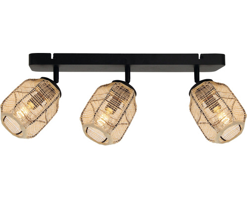 Deckenleuchte mit drei Strahlern und Lampenschirmen aus Rattan