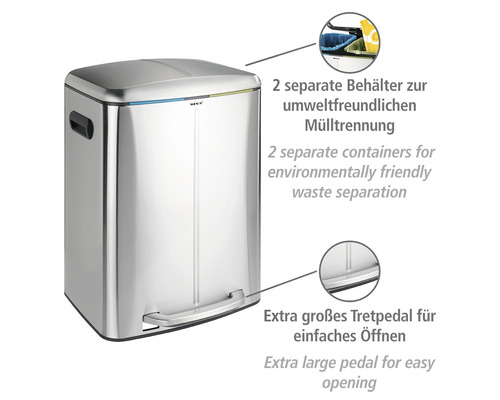 Abfalleimer aus Edelstahl mit zwei separaten Behältern zur Mülltrennung und großem Pedal zum einfachen Öffnen