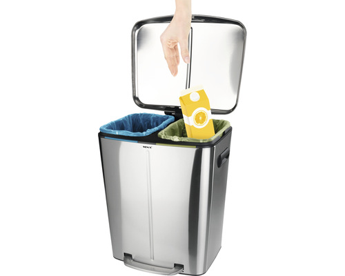 Abfalltrennsystem aus Edelstahl mit Fußpedal und zwei Behältern für Mülltrennung