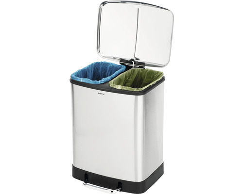 Abfalltrenneimer aus Edelstahl mit zwei Fächern und Tretfunktion