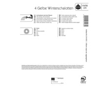 Informationen auf der Verpackung gelber Winterschalotten: Nach dem Pflanzen gut wässern, Standort in der Sonne, Größe 15 bis 35 Zentimeter, Plant Passport, PEFC Siegel