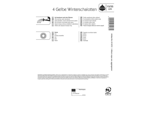 Informationen auf der Verpackung gelber Winterschalotten: Nach dem Pflanzen gut wässern, Standort in der Sonne, Größe 15 bis 35 Zentimeter, Plant Passport, PEFC Siegel