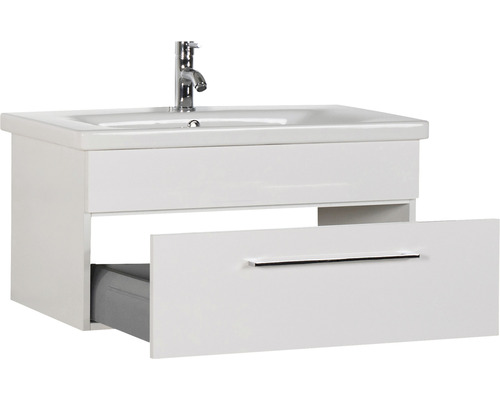 Waschtischunterschrank mit Waschbecken und offenem Schubfach
