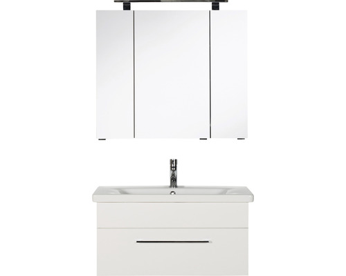 Badmöbel-Set Marlin 3400 BxHxT 80 x 200 x 45,5 cm Frontfarbe weiß mit Waschtisch Keramik weiß und Waschtischunterschrank Spiegelschrank mit LED-Beleuchtung Keramik-Waschtisch ASEW 340081W