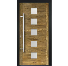 Haustür aus Holz mit fünf quadratischen Glaseinsätzen und einem vertikalen Griff.