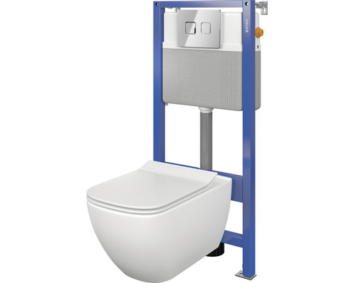Wand-WC-Set Cersanit Virgo Tiefspüler ohne Spülrand weiß glänzend mit WC-Sitz , Vorwandelement und Betätigungsplatte chrom