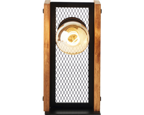 Tischleuchte mit Holzelementen und dekorativem Netz