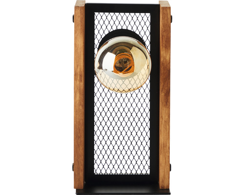 Tischleuchte mit einem Lampenschirm aus Metallgeflecht und einem Holzrahmen