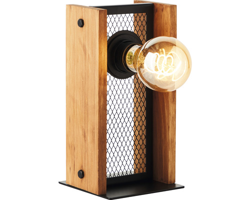 Tischleuchte aus Holz und Metall mit Glühbirne