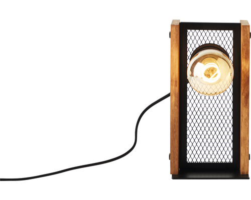 Tischleuchte mit Holzrahmen und Metallgitter