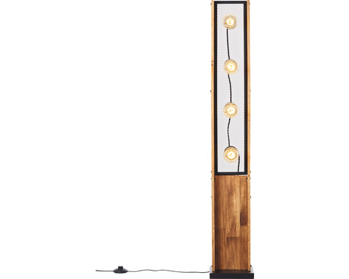 Stehleuchte aus Holz mit Metallelementen und vier Glühbirnen