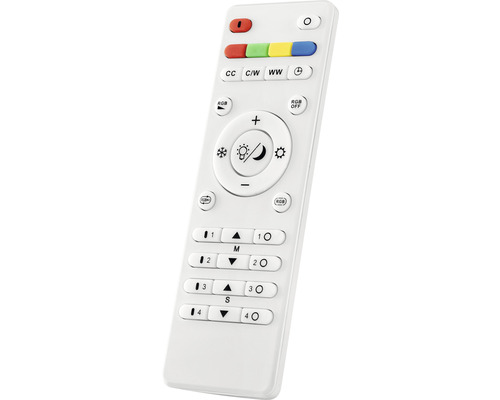 Weiße Fernbedienung mit mehreren Tasten zur Steuerung verschiedener Funktionen