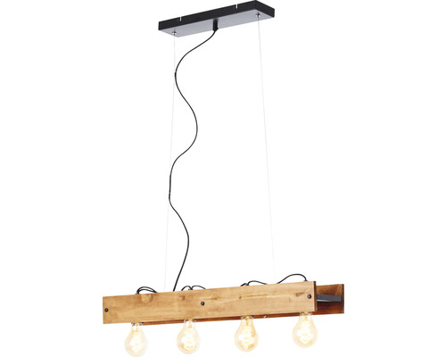 Hängelampe mit Holzbalken und vier Glühbirnen