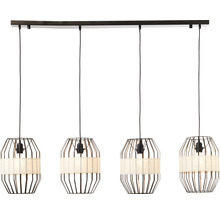 Vierflammige Pendelleuchte mit Metallkäfig und Stoffschirm