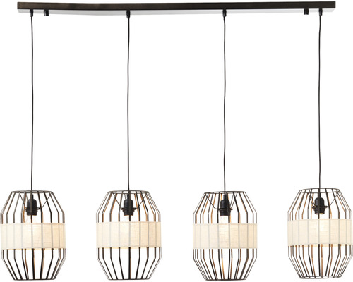 Vierflammige Pendelleuchte mit Metallkäfig und Stoffschirm