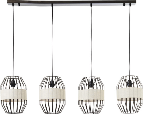 Vierflammige Pendelleuchte mit Lampenschirmen aus Metalldraht und Stoff