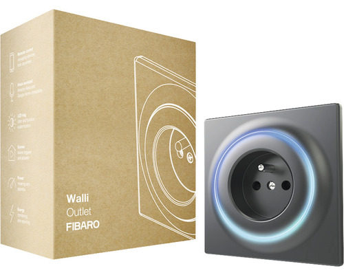 Walli Outlet von Fibaro mit Verpackung und Steckdose