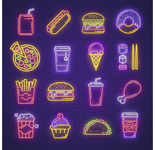 Neon-Illustration verschiedener Speisen wie Burger, Pizza, Eis und Getränke.