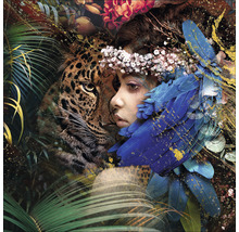 Dekoratives Wandbild mit Frau, Leopard, Blättern und Blüten