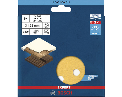 Bosch Expert Schleifpapier C470, Körnung P60, P120, P240, Durchmesser 125 mm, 6 Stück