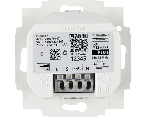 TechniSat Dimmer mit Artikelnummer, Seriennummer, QR-Code und Anschlüssen
