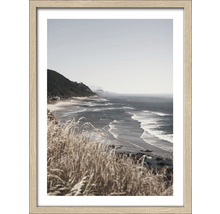 Gerahmtes Bild einer Küstenlandschaft mit Meer, Strand und Vegetation im Vordergrund