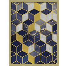 Gerahmtes Bild mit einem abstrakten, geometrischen Würfelmuster in Gold, Grau und Dunkelblau