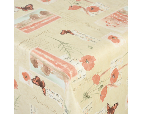 Tischdecke Premium Mohn sand 140 cm breit (Meterware) Tischdecke mit Mohnblumen und Schmetterlingen Muster