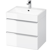 Weißer Waschtisch mit zwei Schubladen und einem Waschbecken mit Wasserhahn.