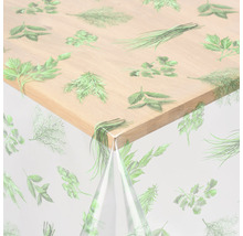 Transparente Tischdecke mit Kräutermuster auf einem Holztisch