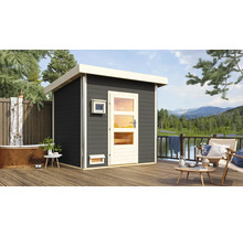Saunahaus Karibu Opal 4 inkl.9kW Ofen u.ext.Steuerung mit Holztüre und Isolierglas wärmegedämmt terragrau/weiß