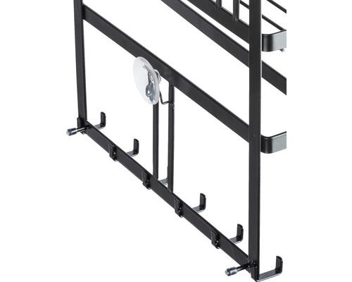 Detailansicht eines schwarzen Badregals mit Haken und Saugnapf zur Befestigung an der Wand