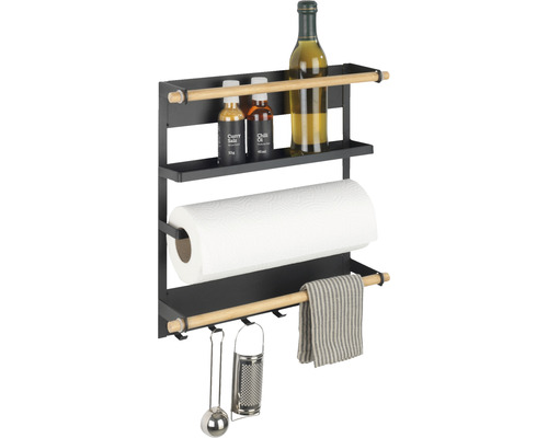 Magnetisches Küchenregal mit Papierrolle, Gewürzen, Ölflasche und Küchenutensilien