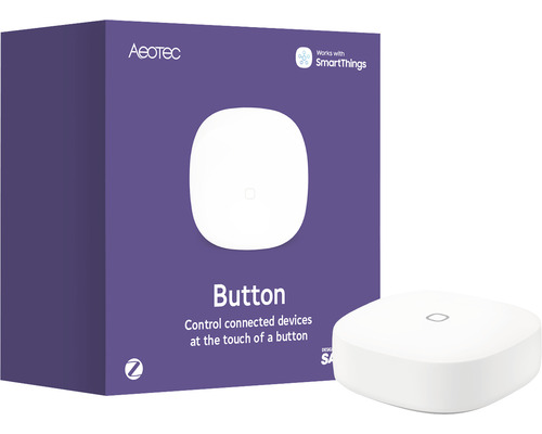 Aeotec Button mit Verpackung. Der Button dient zur Steuerung von verbundenen Geräten.