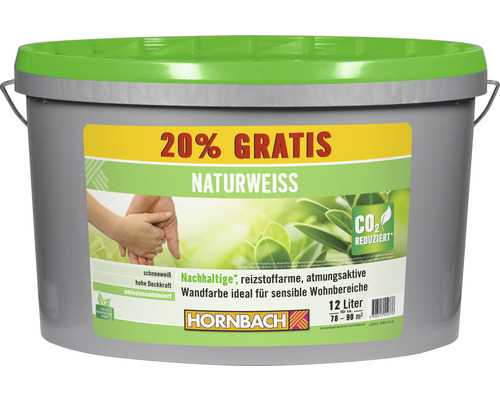 HORNBACH Naturweiss konservierungsmittelfrei weiß 12 L +20% Eimer mit Naturweiss Wandfarbe, 12 Liter, geeignet für sensible Wohnbereiche