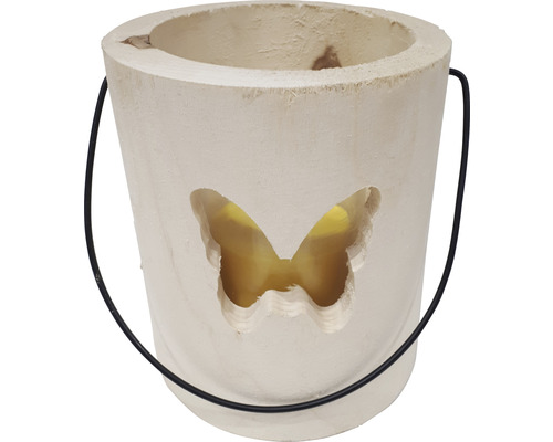 Holzwindlicht Schmetterling Ø 15 cm H 18 cm Citronella gelb Brenndauer 50 Stunden Windlicht aus Holz mit Schmetterlingsmuster und Henkel