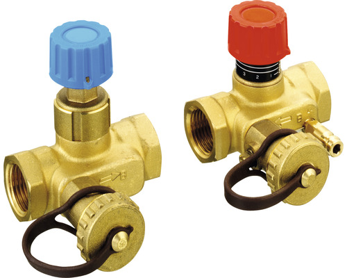 Danfoss Absperr- und Regulierventil USV-Set DN 40 1 1/2" 003Z2145 Zwei Heizkörperverschraubungen aus Messing mit blauem und rotem Thermostatkopf