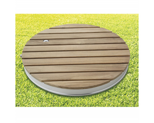 Runde Poolabdeckung aus Holz mit Metalleinfassung