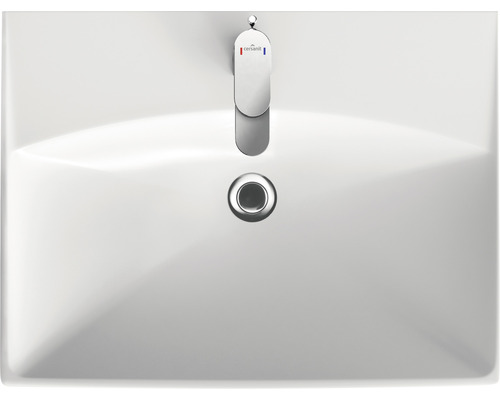 Waschbecken aus Keramik mit Armatur und Ablauf