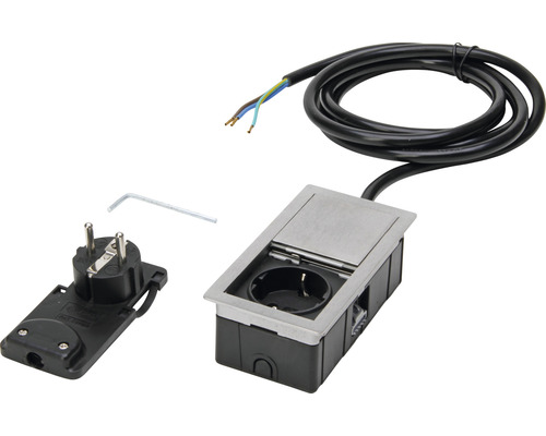 VersaHIT Mono Einbau Tischsteckdose 1-fach edelstahlfarben/gebürstet LxBxH 123x67x42,5 mm inkl 2 m Anschlusskabel + montierbarem Stecker Bodeneinbausteckdose mit Stecker und Werkzeug