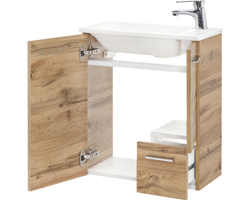 Waschtischunterschrank mit geöffneter Tür und Schublade