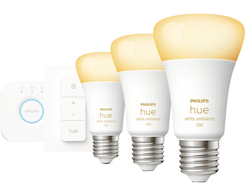 Philips Hue White Ambiance E27 Starter Set mit drei Glühbirnen, Dimmschalter und Bridge