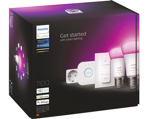 Philips Hue Starterset mit E27-Glühbirnen, Steuerungselementen und Zubehör in der Verpackung