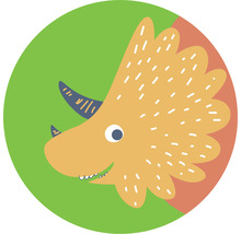 Illustration eines Triceratops auf grünem und orangefarbenem Hintergrund