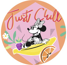 Illustration von Minnie Maus, die auf einer Banane liegt, mit dem Schriftzug Just Chill