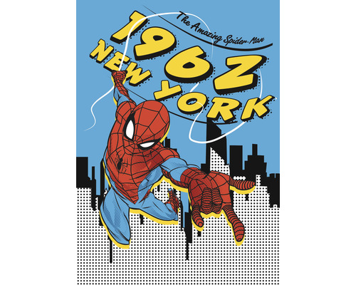 Fototapete Vlies IADX4-081 Into Adventure Spider-Man 1962 4-tlg. 200 x 280 cm Spider-Man im Comicstil vor der Skyline von New York und dem Schriftzug 1962